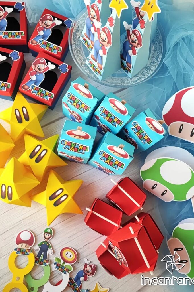 Super Mario themed party favors and decorations for a birthday celebration.