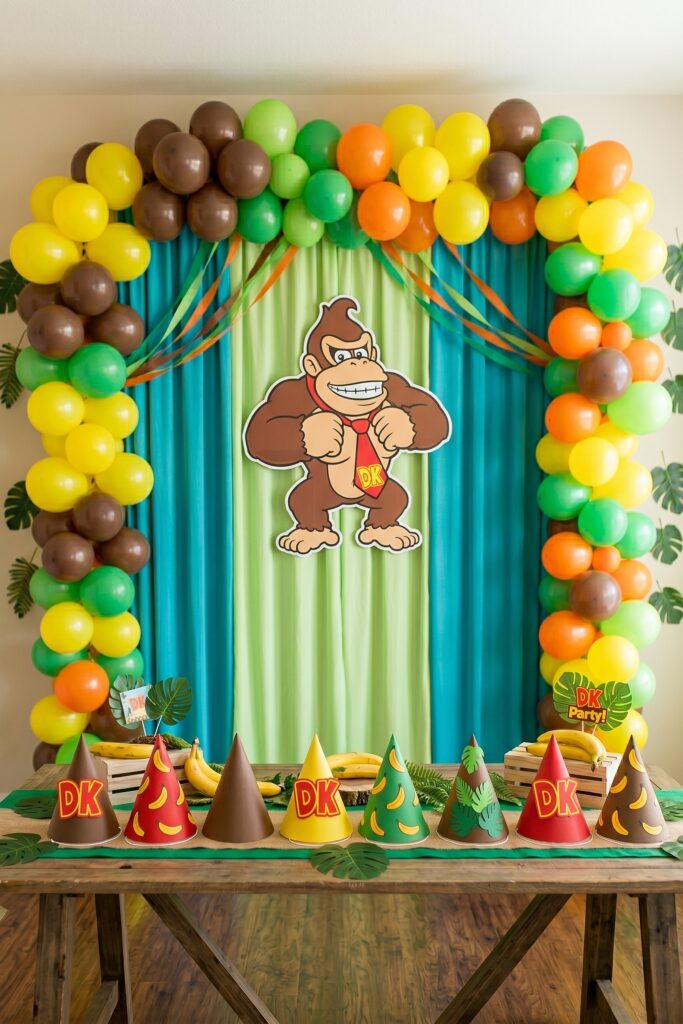 A colorful Donkey Kong themed birthday party decoration with balloons and character cutout.