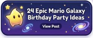 A colorful Mario Galaxy themed birthday party decoration with stars and planets, perfect for kids' c.