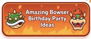 A colorful banner featuring Bowser and Bowser Jr. with birthday party ideas for Yoshi-themed celebra.