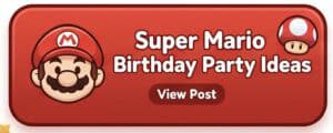 Super Mario birthday party ideas with Mario and mushroom graphics for kids' celebration.
