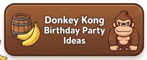 A colorful banner with a barrel, bananas, and a cartoon Donkey Kong character for a birthday party t.