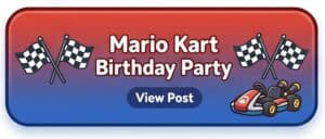 Mario Kart birthday party banner with checkered flags and race car, colorful design.