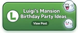 A colorful Luigi's Mansion birthday party ideas banner with playful ghost characters and a green bac.