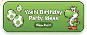 Yoshi-themed birthday party ideas with eggs and Yoshi character from Mario series.