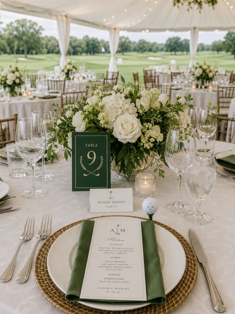 A beautifully decorated outdoor wedding reception table with elegant floral centerpieces and table s.