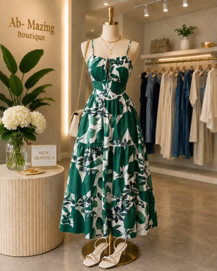A lush green and white floral maxi dress displayed on a mannequin in a boutique setting.