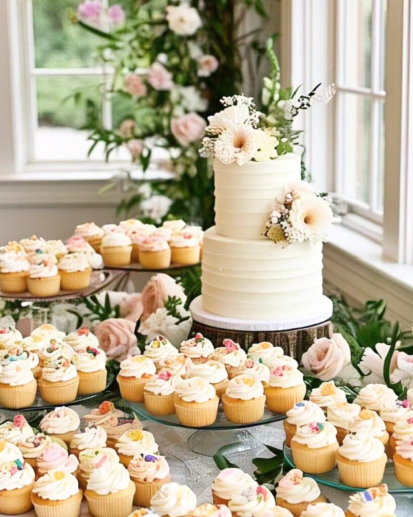 Elegant wedding cupcake display with a white tiered cake and floral decorations.