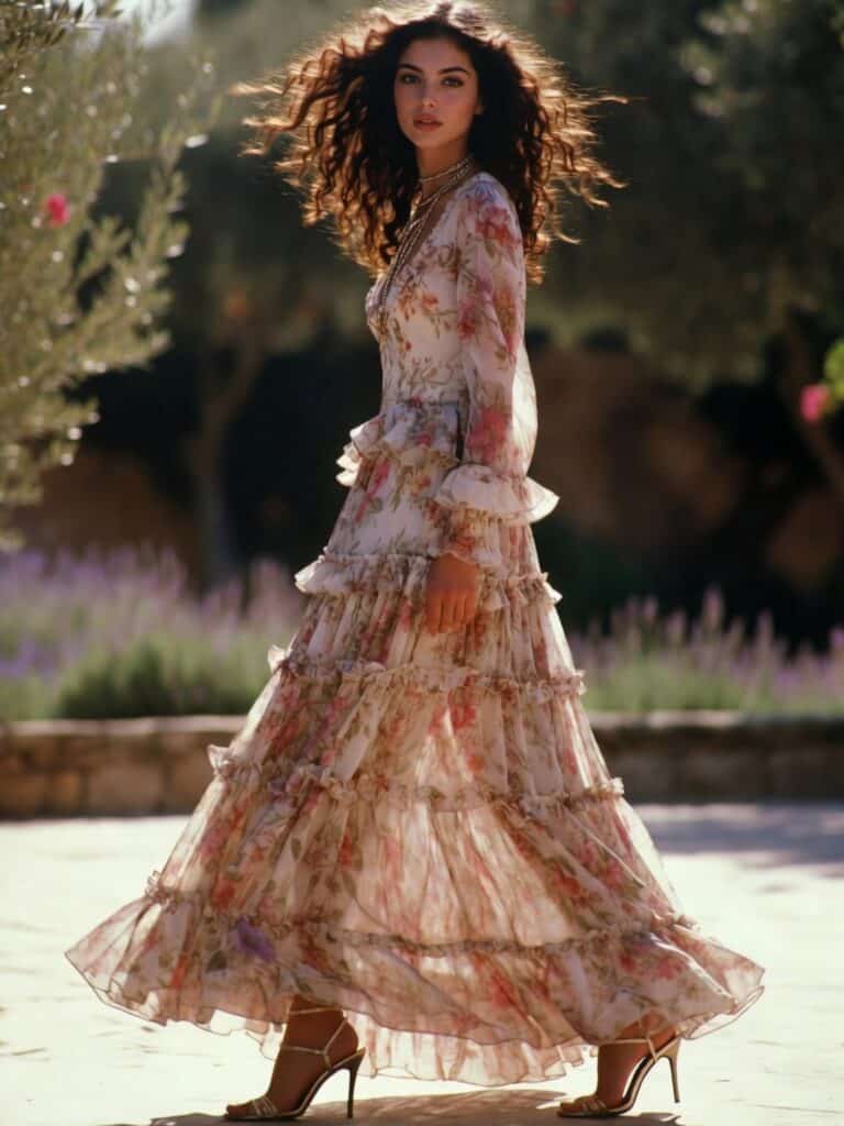 A woman in a flowing floral maxi dress walking outdoors in sunlight.