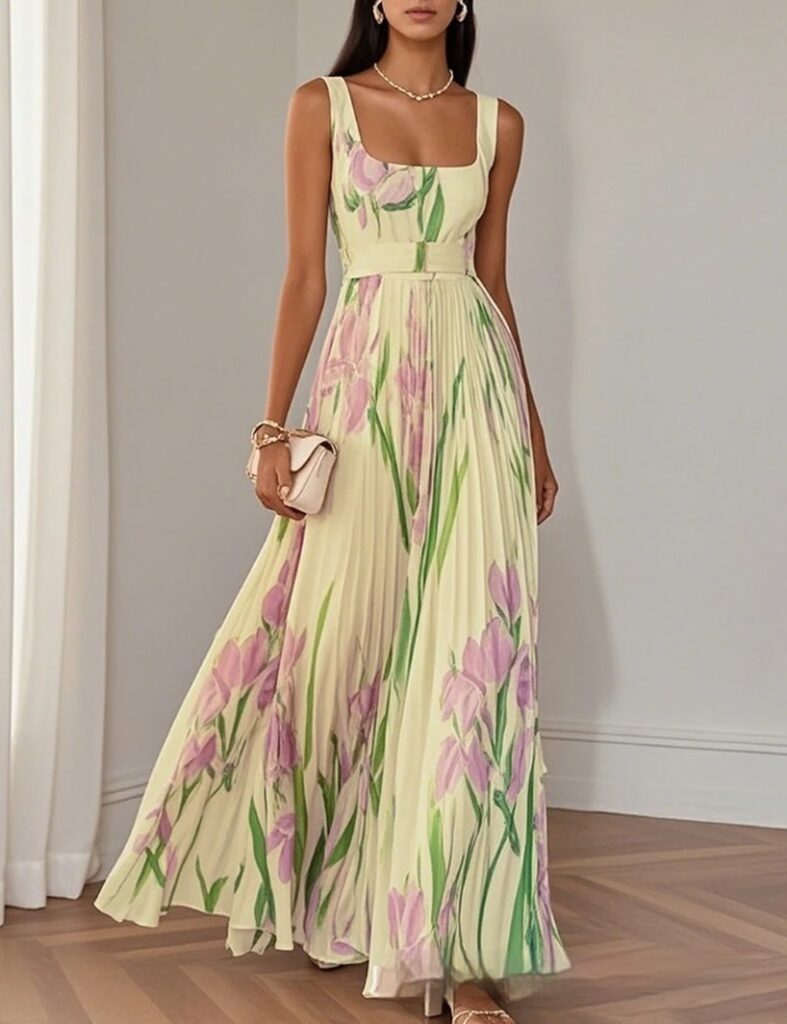 A woman wearing a long floral dress with pink and green tulip patterns, holding a clutch bag.