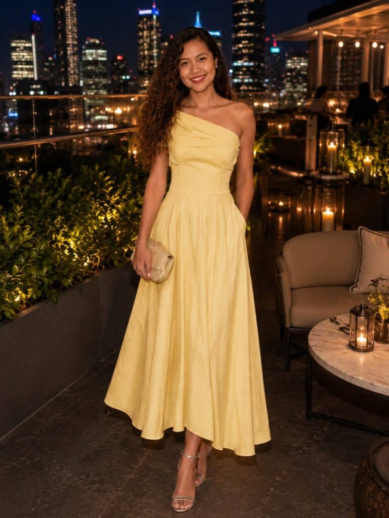 A woman in a yellow evening gown holding a clutch on a rooftop terrace at night with city skyline in.