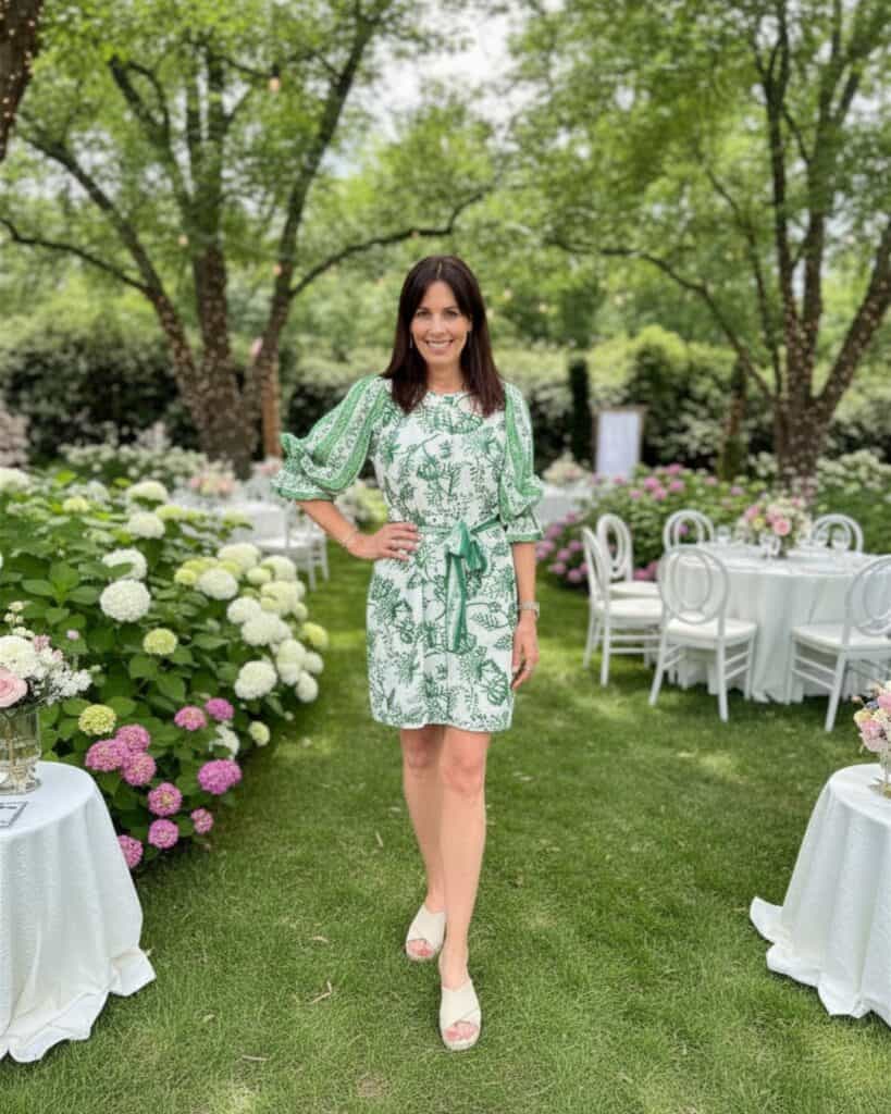 A woman in a green and white floral dress standing outdoors in a garden with tables and flowers.