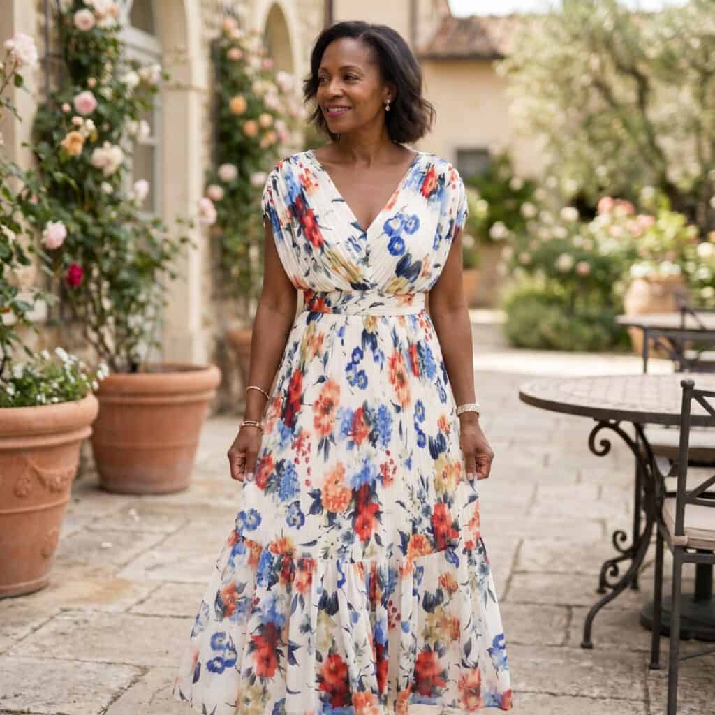 A woman in a floral dress walking outdoors in a garden setting with potted plants and outdoor furnit.