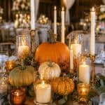 Elegant pumpkin wedding centerpiece with candles and fall foliage for autumn wedding decor.