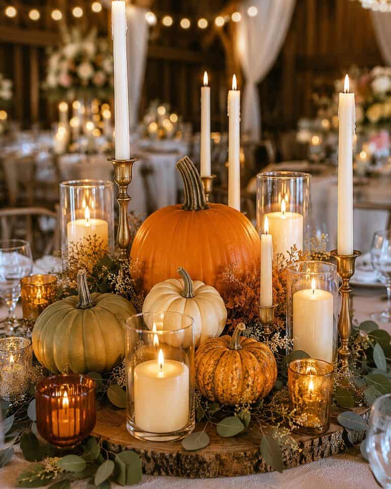 Elegant pumpkin wedding centerpiece with candles and fall foliage for autumn wedding decor.