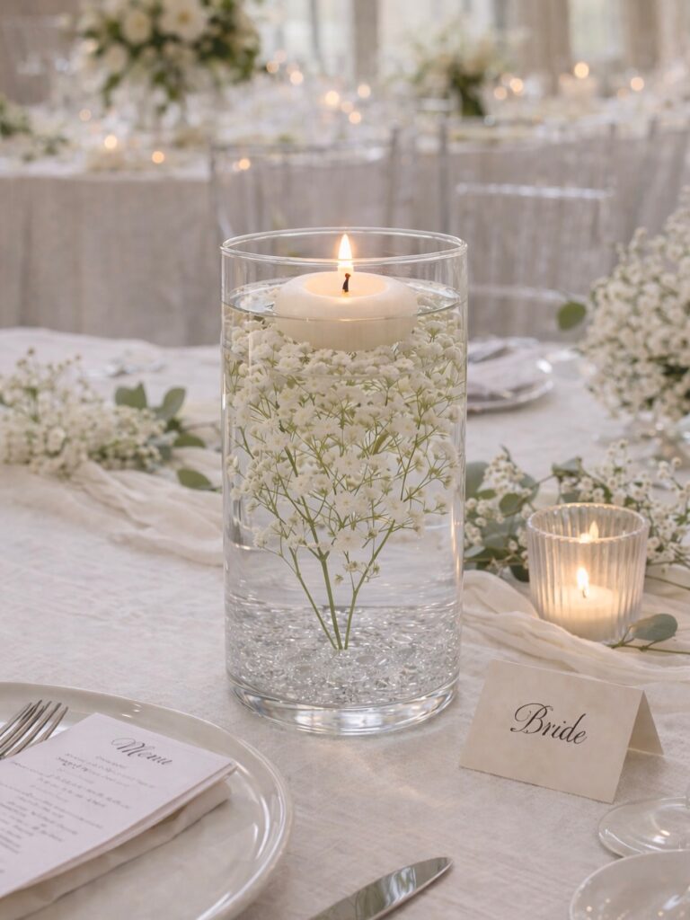 Elegant floating candle centerpiece with white flowers at wedding reception.