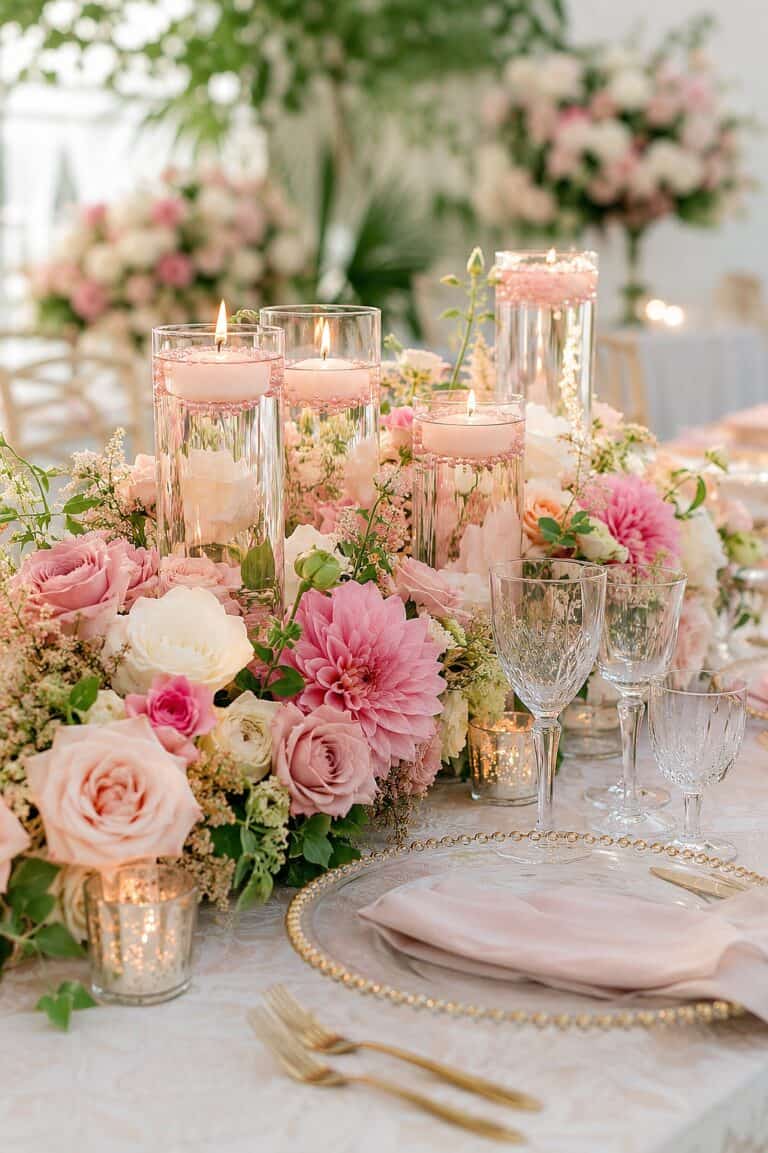 Elegant wedding table centerpiece with floating candles and pink roses.
