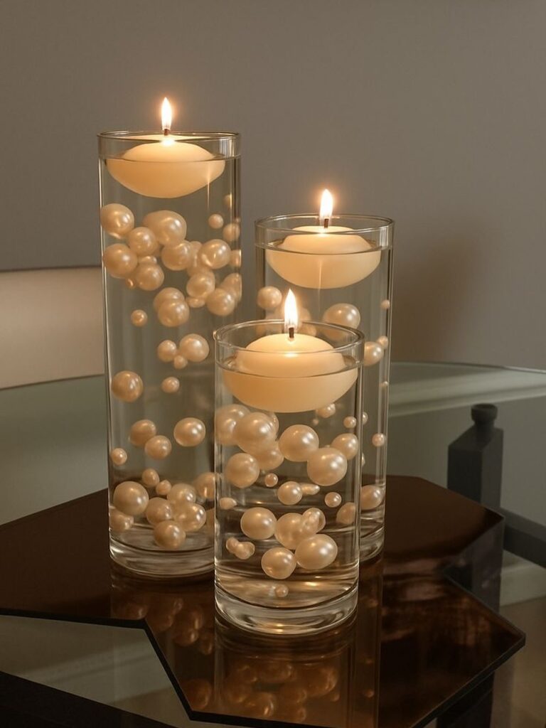 Elegant floating candle centerpieces with pearls for wedding reception decor.