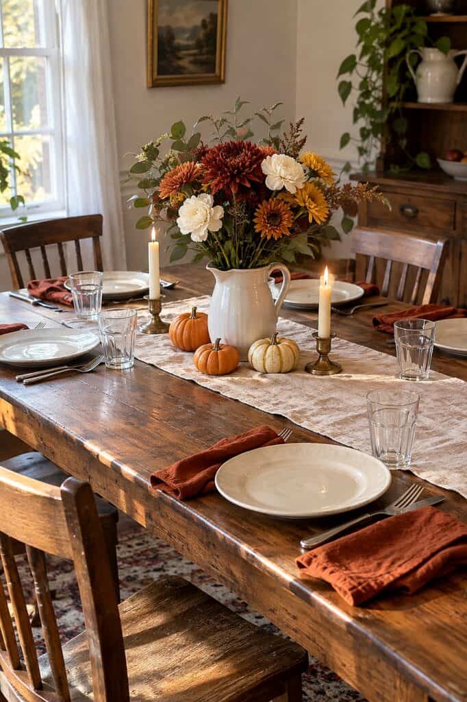 Thanksgiving tablescape with autumn flowers, pumpkins, candles, and rustic decor.