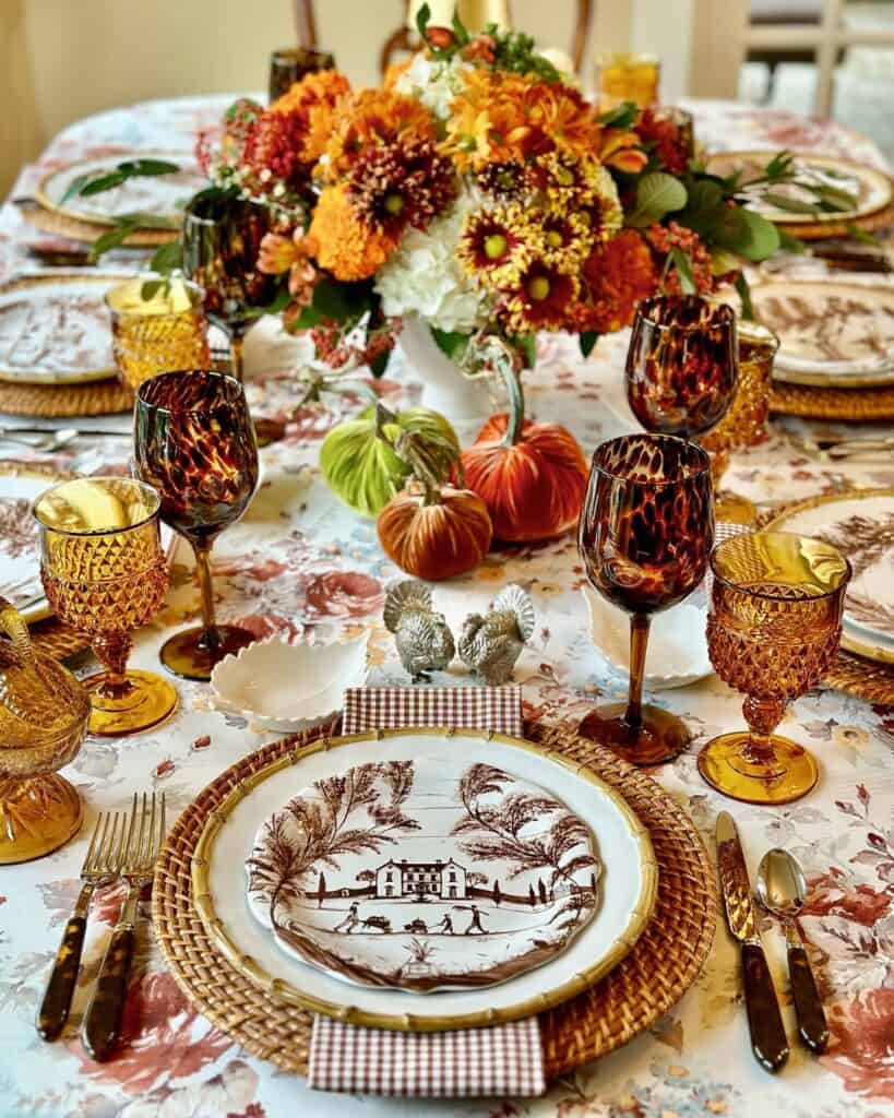 Vintage Thanksgiving tablescape with autumn floral centerpiece and antique dinnerware.
