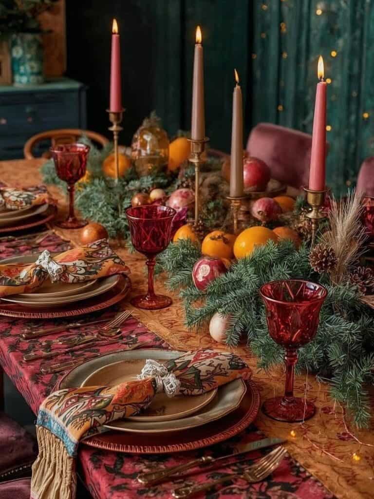 Elegant vintage Thanksgiving table setting with candles, fruits, and greenery.