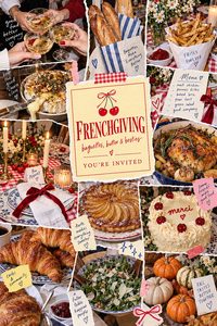 Festive Friendsgiving table with baked goods, drinks, and seasonal decorations.