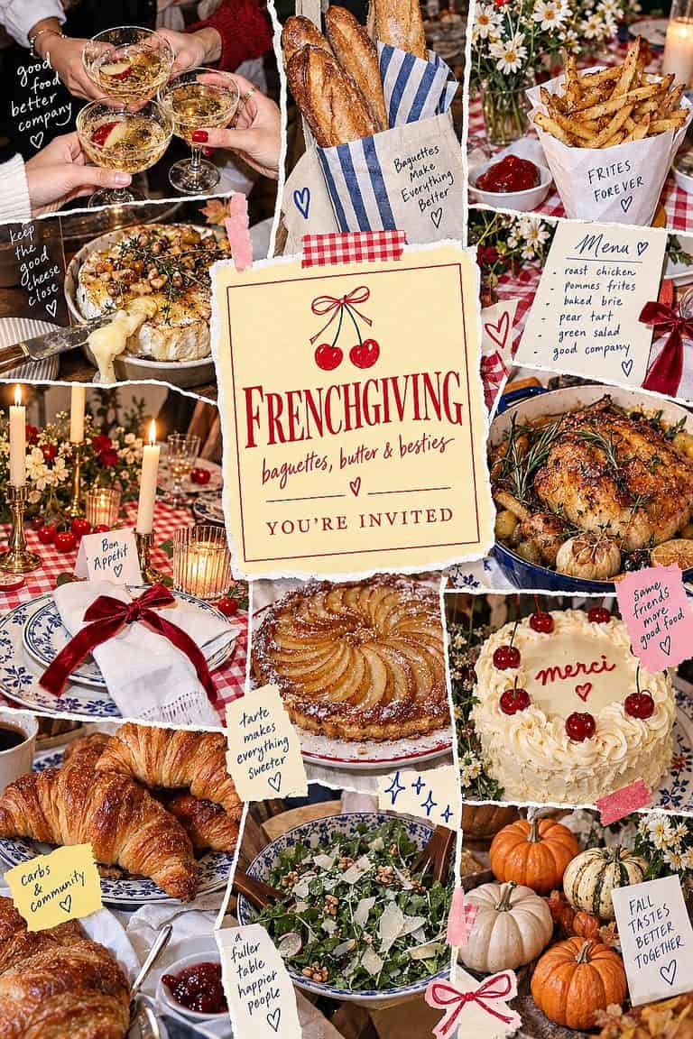 Festive Friendsgiving table with baked goods, drinks, and seasonal decorations.