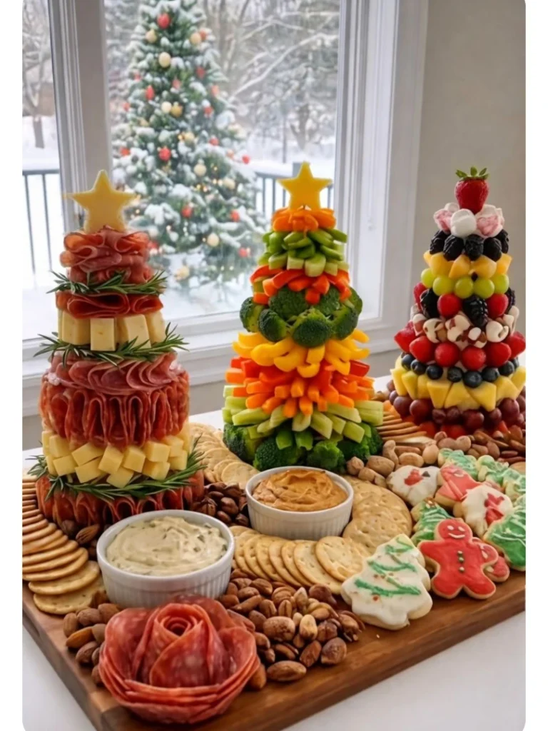 Festive Christmas cheese and charcuterie boards with colorful vegetable trees and holiday treats.