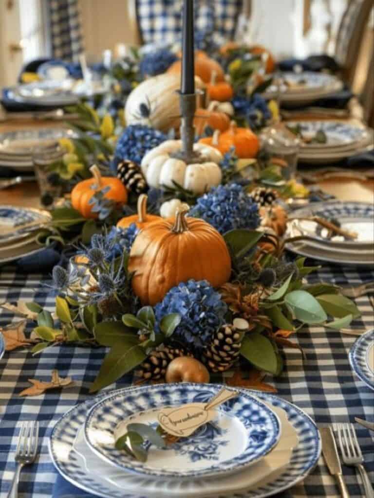Thanksgiving table centerpiece with pumpkins, blue flowers, and fall foliage on a checkered table.