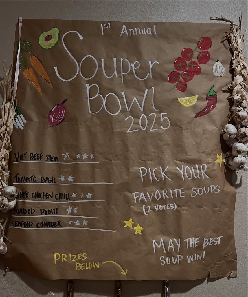 Handmade poster for 1st Annual Souper Bowl 2025 with vegetable and garlic decorations.