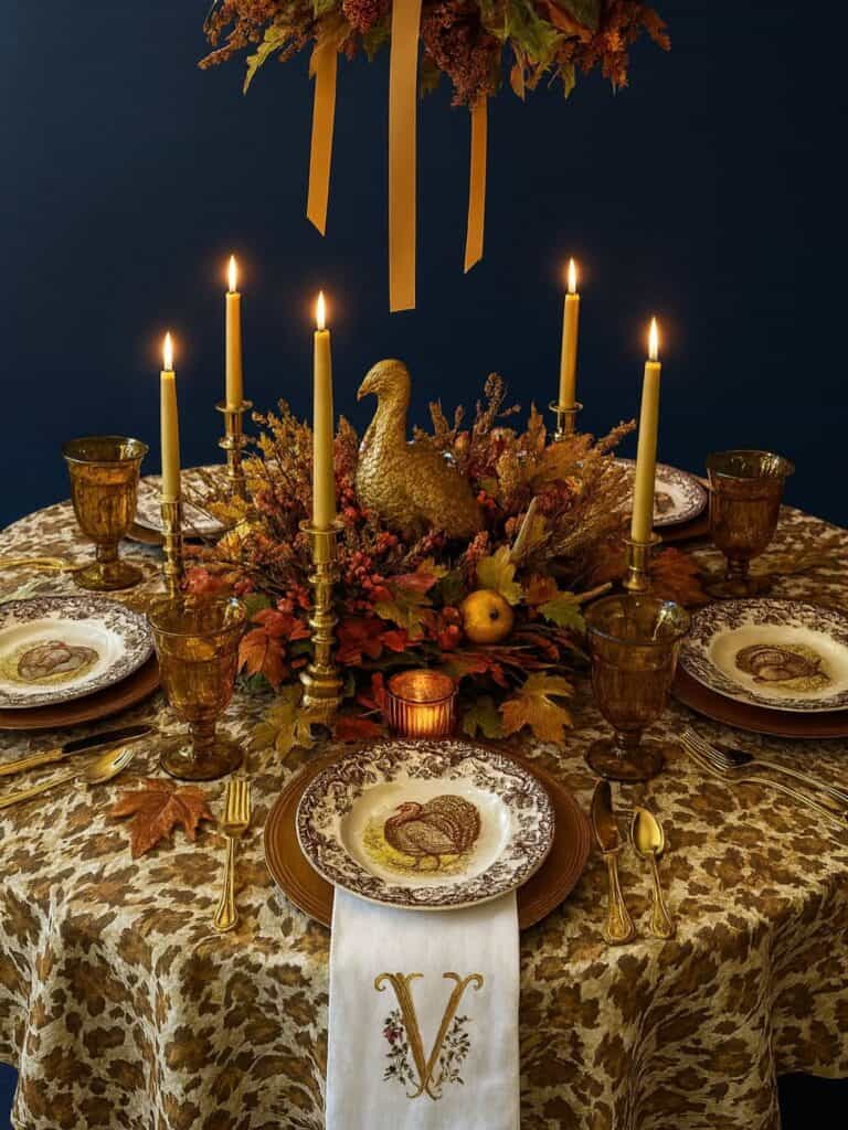 Elegant Thanksgiving table setting with gold accents, candles, and autumn foliage.