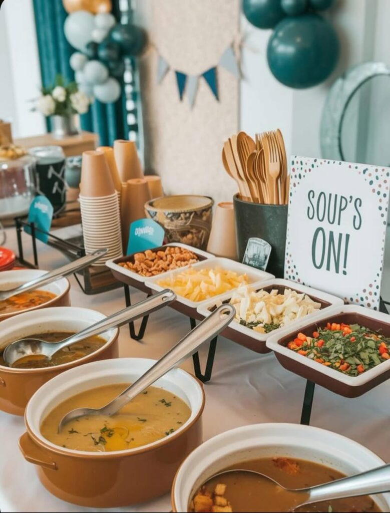 Thanksgiving soup bar with bowls of soup, toppings, and festive decorations.