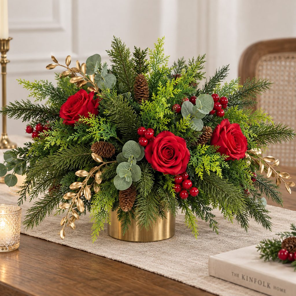 Festive Christmas floral arrangement with red roses, pinecones, and greenery in a gold vase.