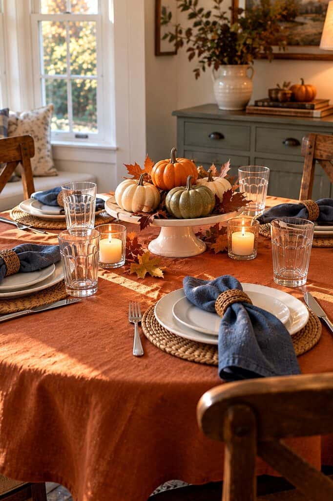 Thanksgiving tablescape with pumpkins, candles, and autumn leaves on a rustic table.