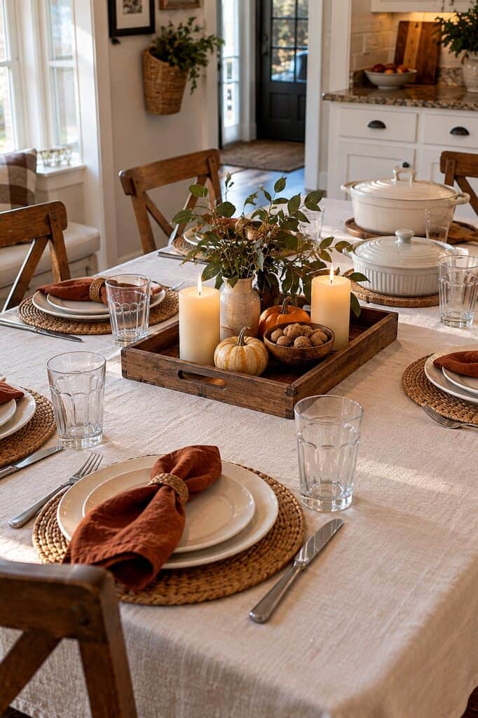 Thanksgiving tablescape with candles, pumpkins, and rustic decor for holiday dining.