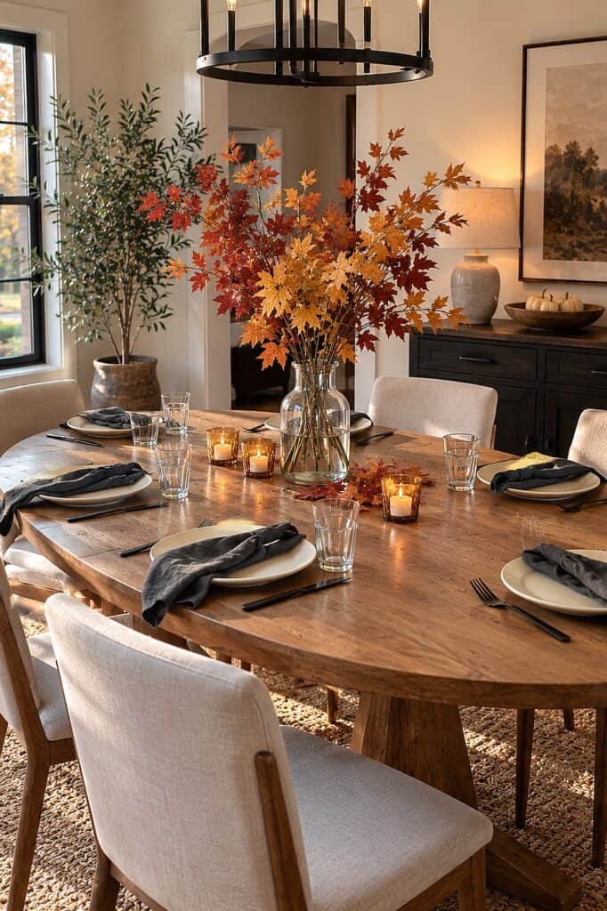 Elegant Thanksgiving tablescape with autumn leaves, candles, and neutral decor.