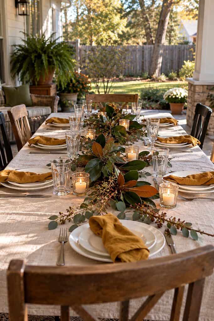 Elegant Thanksgiving tablescape with gold accents, greenery, and candles for holiday dining.