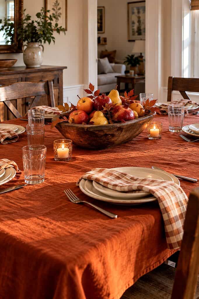Thanksgiving table setting with a large fruit bowl centerpiece and candles.