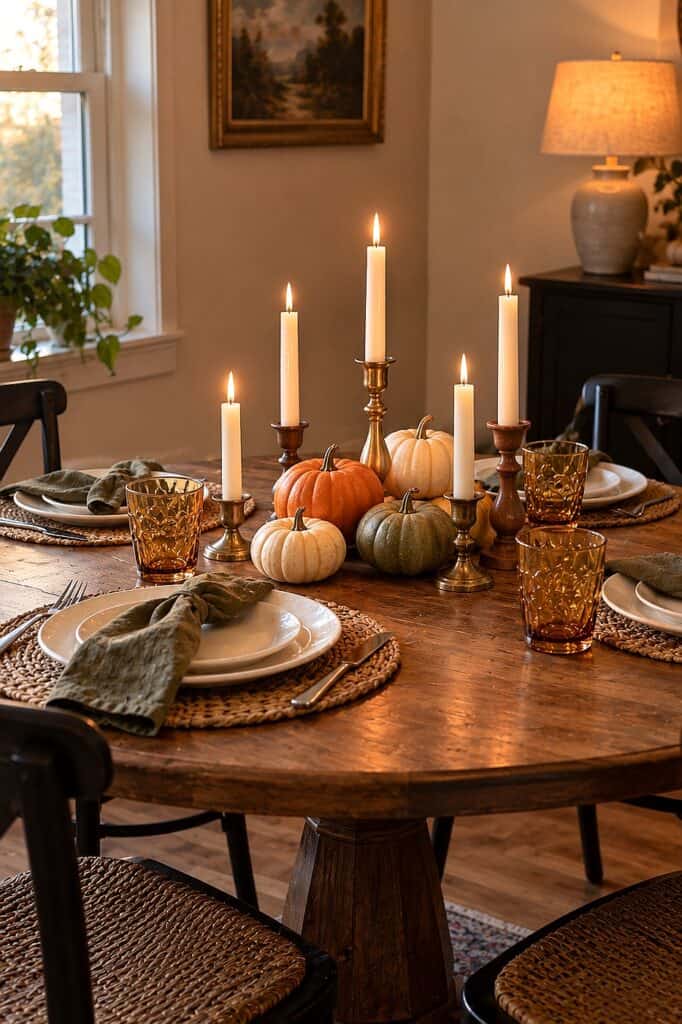 Thanksgiving tablescape with pumpkins, candles, and autumn decor for holiday dinner.