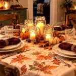Thanksgiving tablescape with candles, pumpkins, and autumn leaves for a festive holiday dinner.
