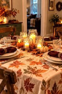 Thanksgiving tablescape with candles, pumpkins, and autumn leaves for a festive holiday dinner.