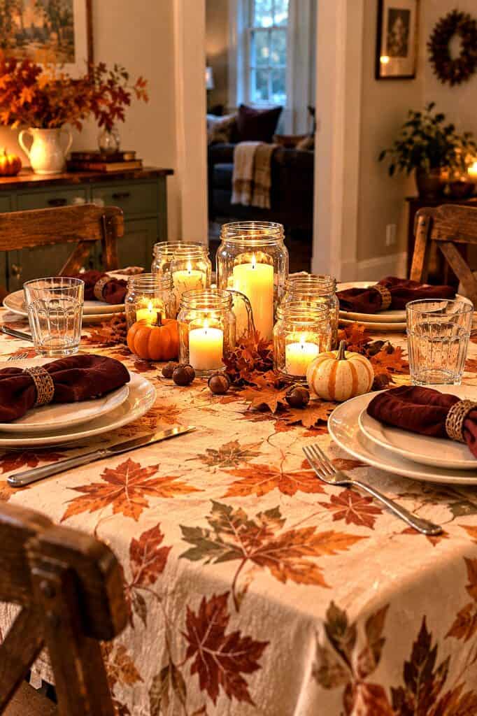 Thanksgiving tablescape with candles, pumpkins, and autumn leaves for a festive holiday dinner.
