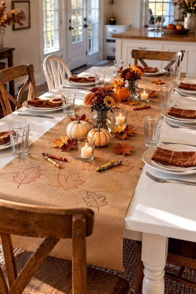 Elegant Thanksgiving tablescape with pumpkins, fall leaves, candles, and floral centerpieces.