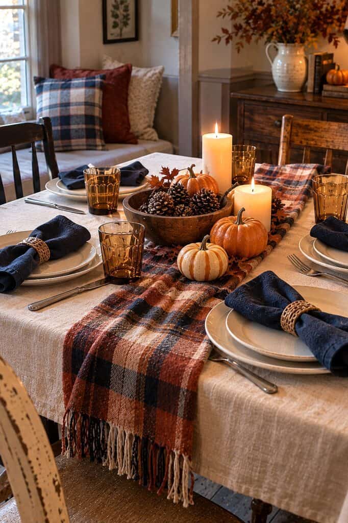 Thanksgiving tablescape with pumpkins, candles, and plaid table runner for holiday decor.