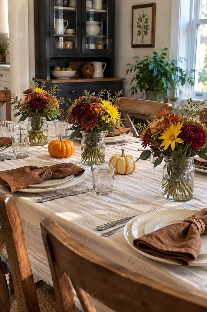 Elegant Thanksgiving tablescape with fall flowers, pumpkins, and rustic decor.