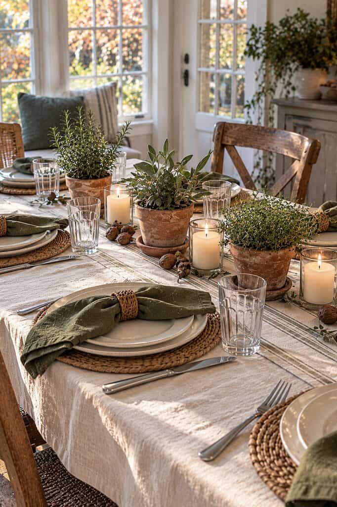 Elegant Thanksgiving tablescape with potted herbs, candles, and rustic tableware.