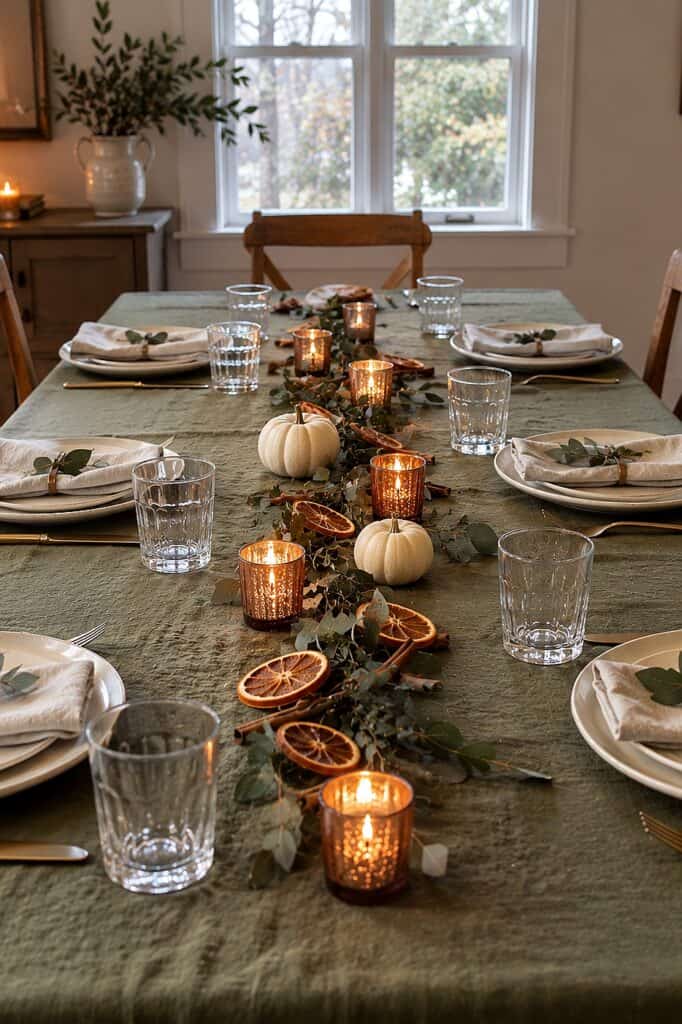 Elegant Thanksgiving tablescape with candles, pumpkins, and dried orange slices for holiday decor.