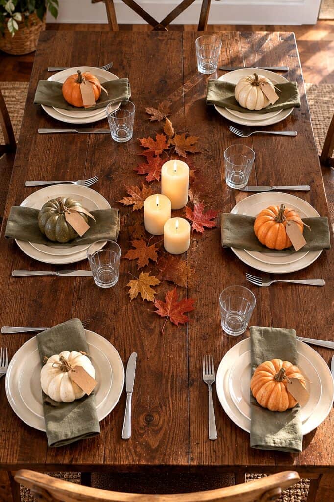 Thanksgiving tablescape with pumpkin decor, candles, and autumn leaves for holiday dining.