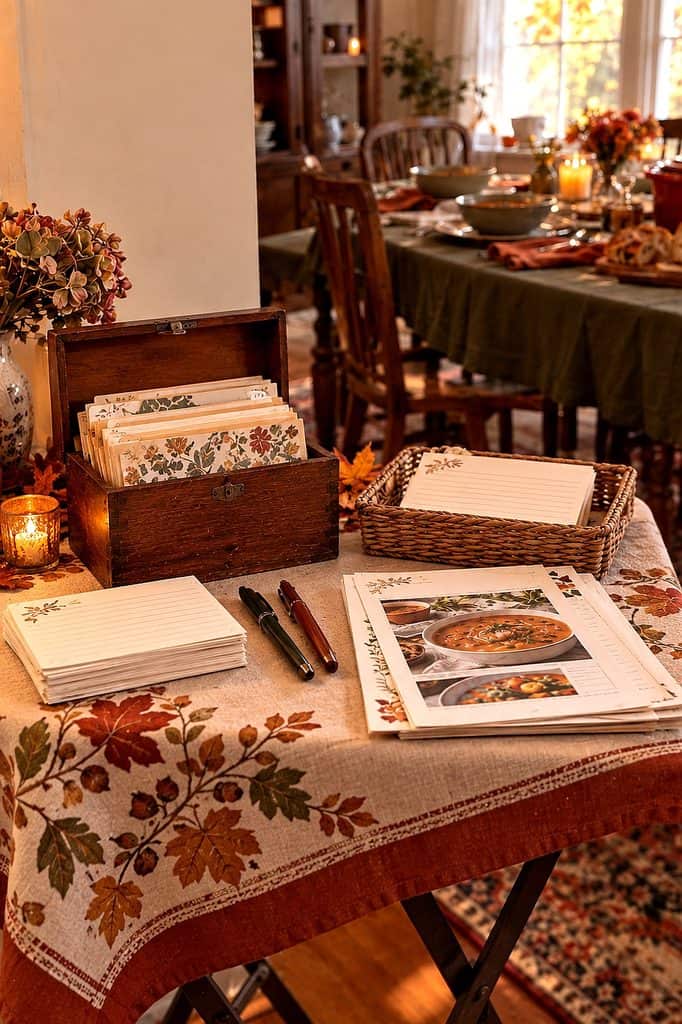 Cozy dining table setup with menus, pens, and autumn-themed decor for a party.