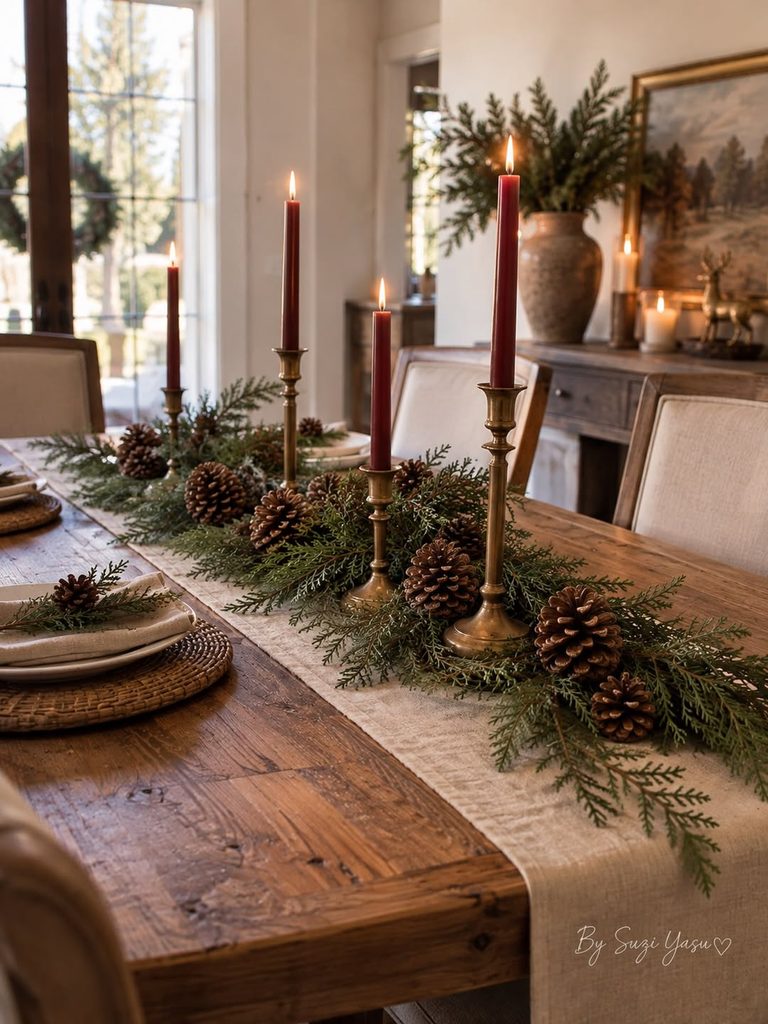 Festive holiday table centerpiece with candles, pinecones, and greenery for Christmas gathering.